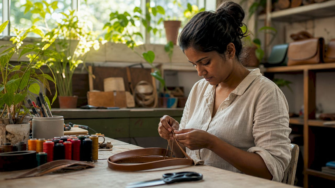 Artisan hand-stitching fair trade leather accessory