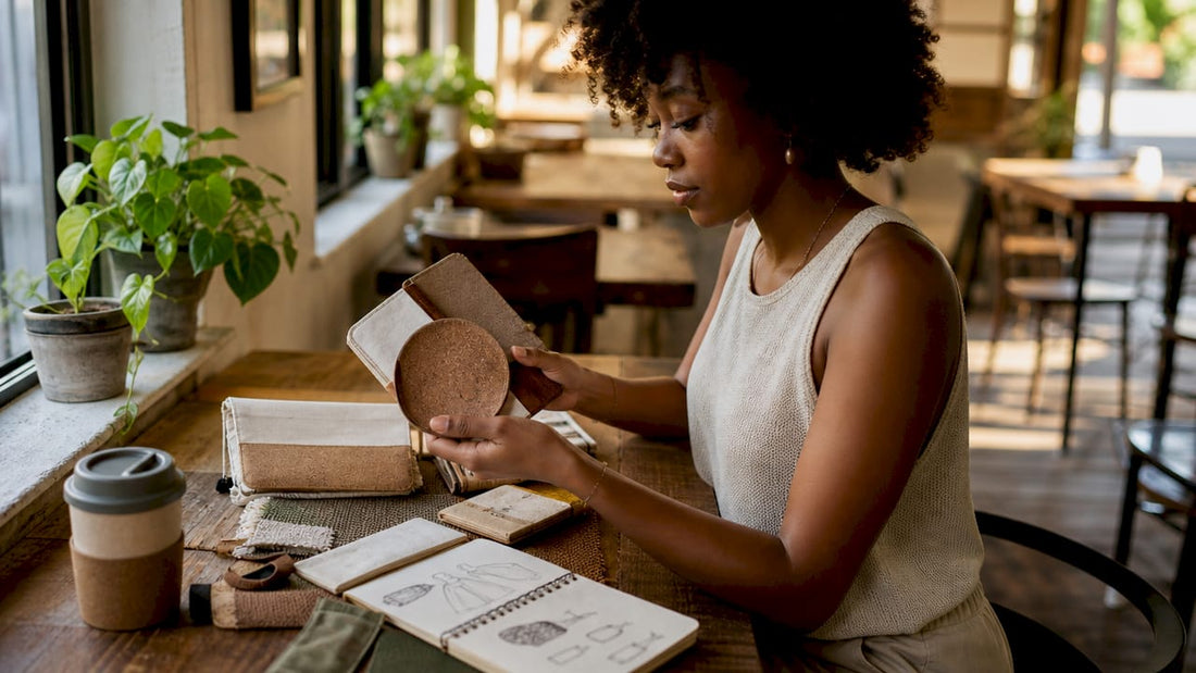 Woman examining eco-friendly fashion accessories at desk