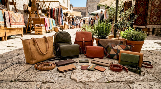 Variety of vegan fashion accessories displayed on table