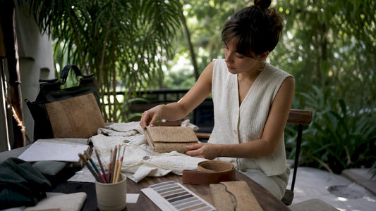 Woman styling vegan accessories at home