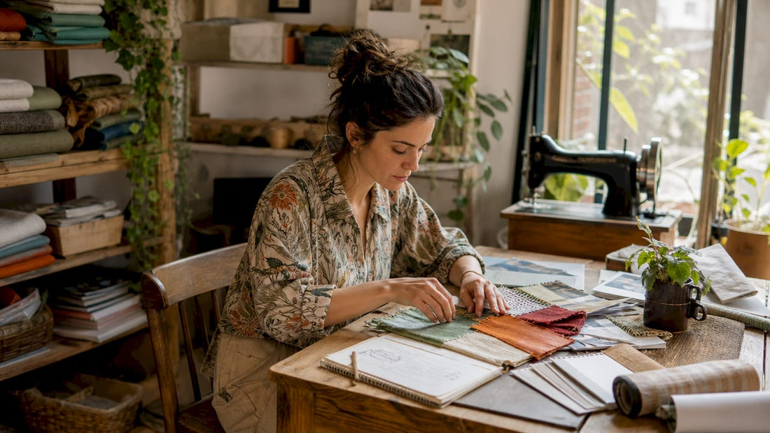 Eco designer sorting sustainable fabrics in studio
