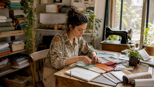 Eco designer sorting sustainable fabrics in studio