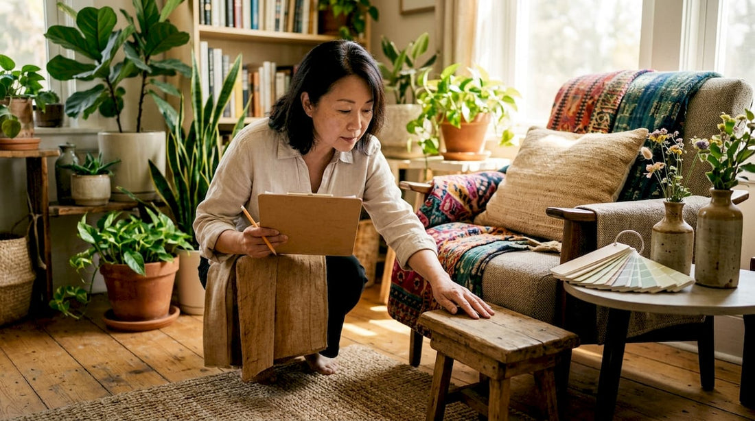Woman inspecting non-toxic materials indoors