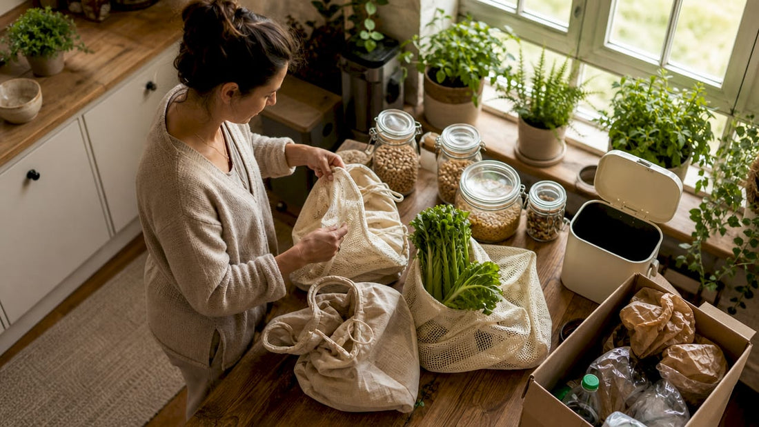 Woman organizing sustainable groceries in kitchen
