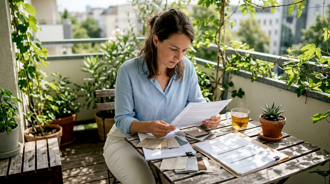 Person reviewing material sourcing documents at desk