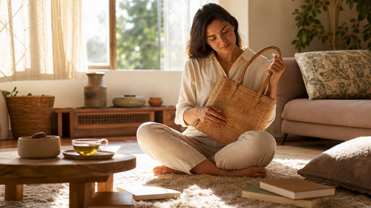 Woman examining eco luxury handbag in home office