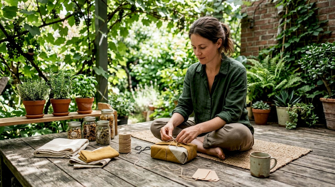 Woman wrapping eco-friendly gifts with fabric and twine