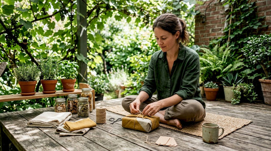 Woman wrapping eco-friendly gifts with fabric and twine