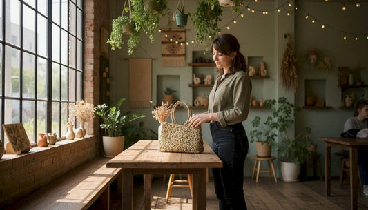 Shopper examining cruelty-free handbag