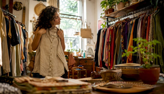 Woman auditing sustainable wardrobe in bedroom