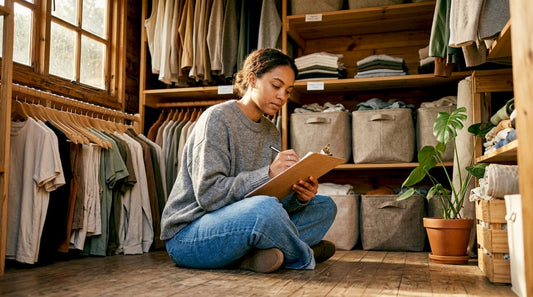 Woman auditing clothes in eco-friendly closet