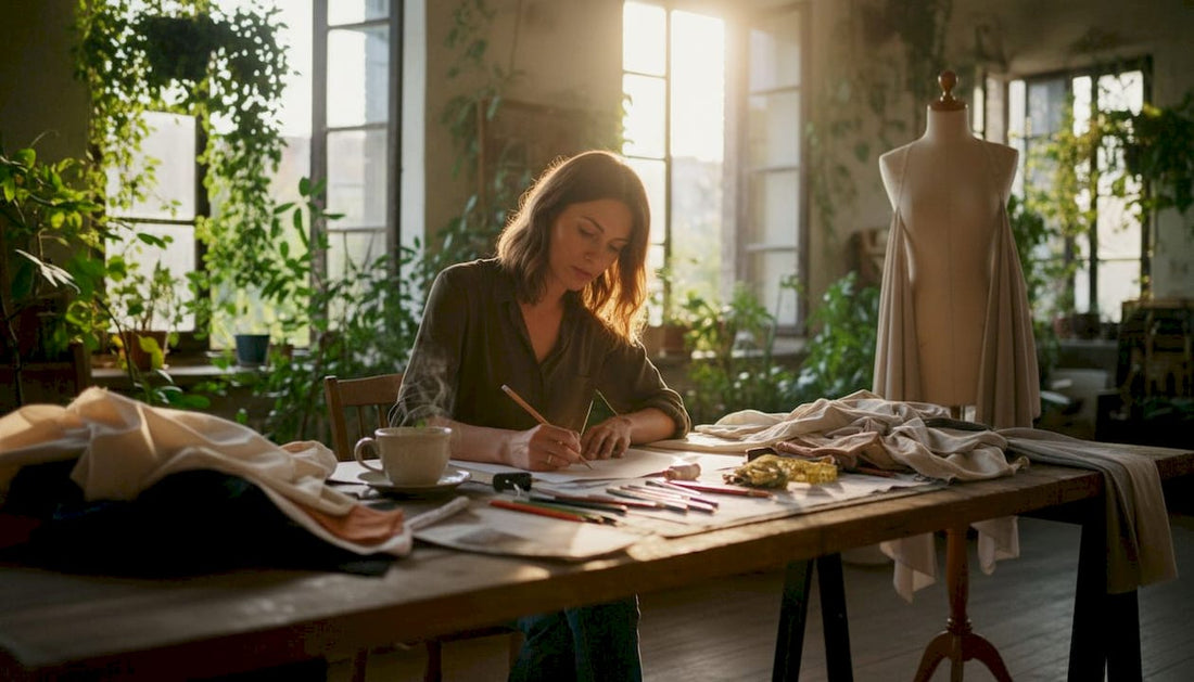 Fashion designer sketching circular accessory in studio