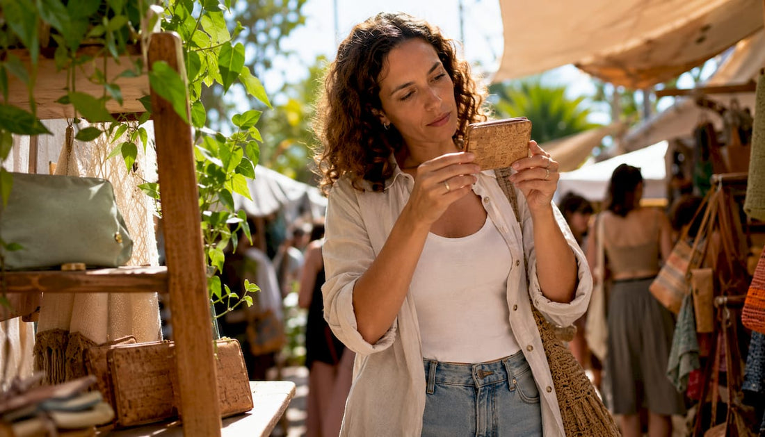 Woman pressing cork wallet surface in shop