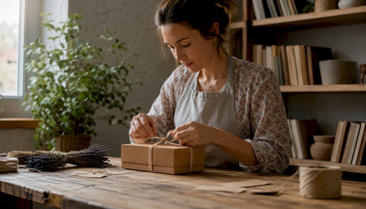 Woman wrapping vegan cork gift box