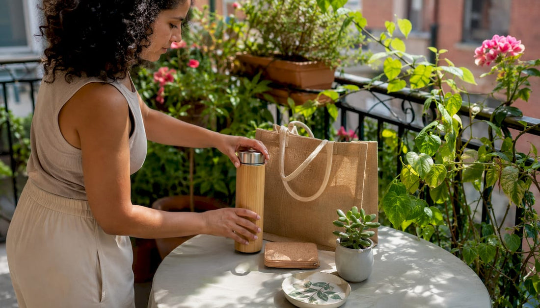 Woman organizing vegan reusable accessories on table