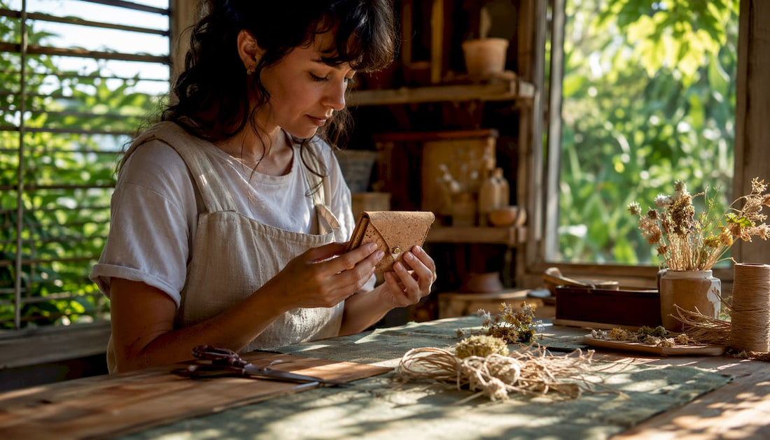 Artisan inspecting a natural cork wallet indoors