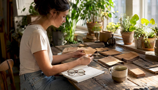 Woman examining cork wallets at home