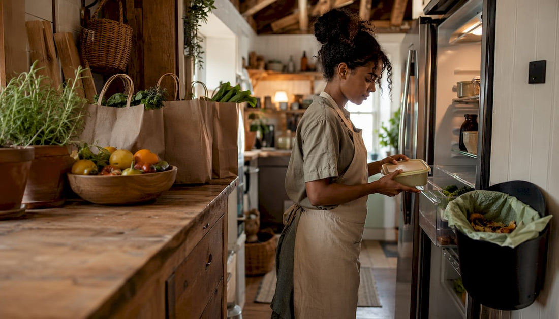 Woman organizing eco-friendly groceries at home