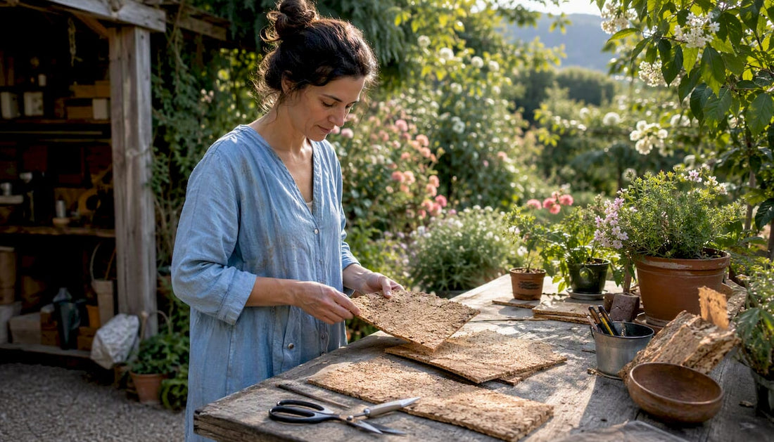 Artisan inspecting cork fabric sheets in workshop