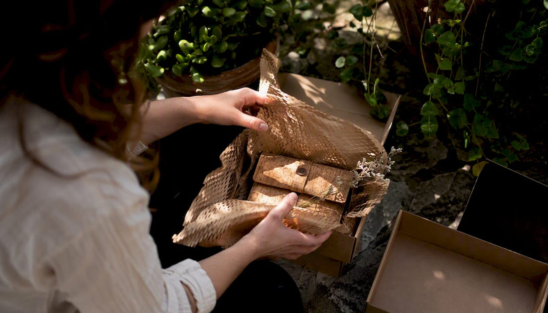 Hands unwrapping eco friendly cork gift