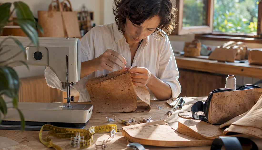 Hands crafting cork fashion accessories