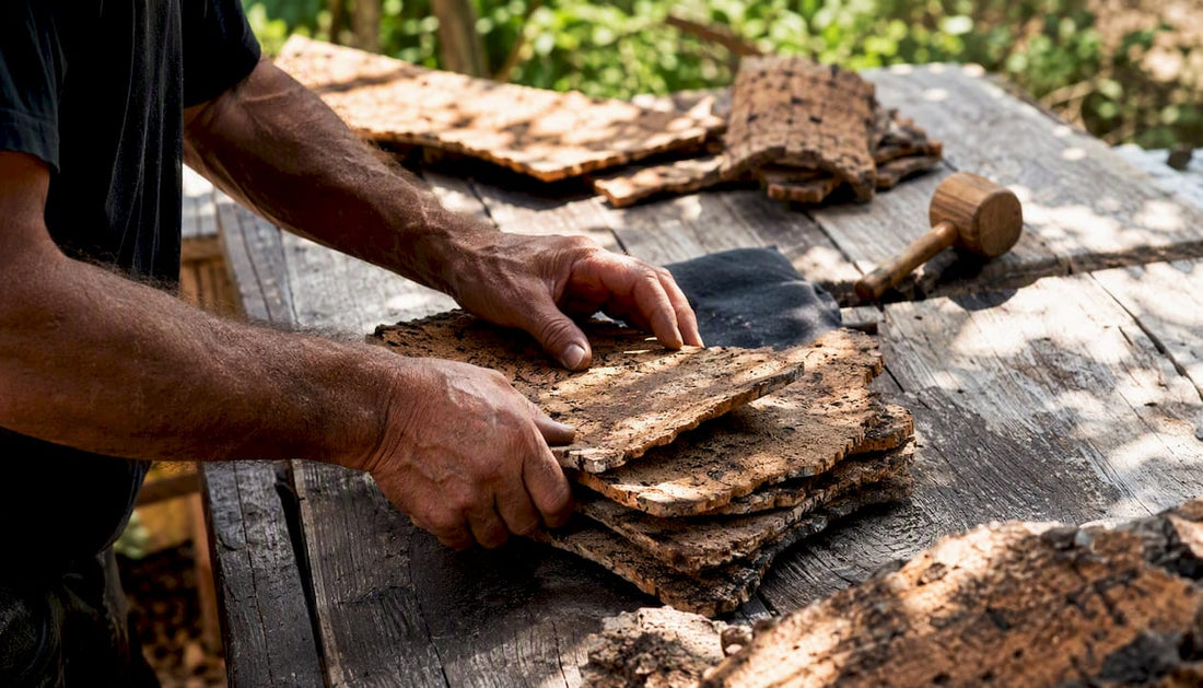 Hands peeling cork bark sheets outdoors