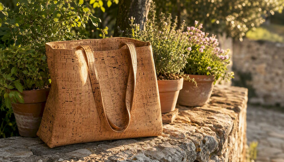 Close-up of vegan cork fabric handbag texture