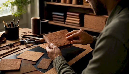 Hands inspecting cork handbag detail