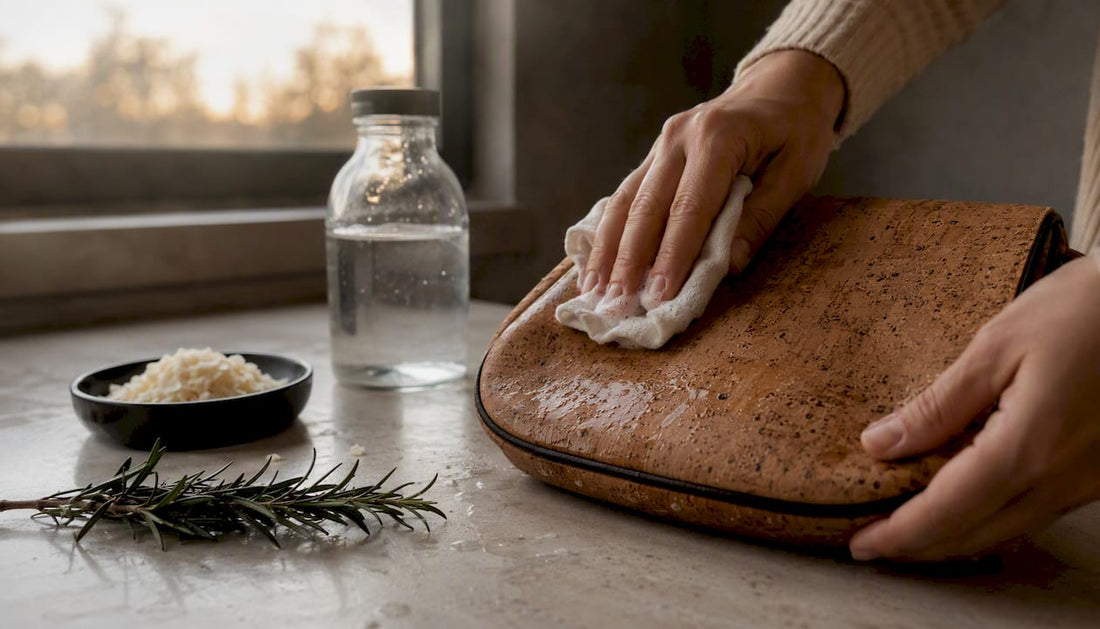 Hands cleaning vegan cork bag gently