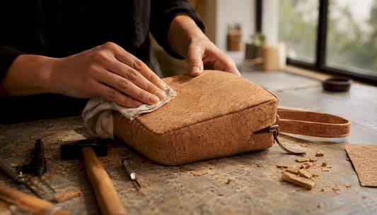 Hands waxing cork handbag surface