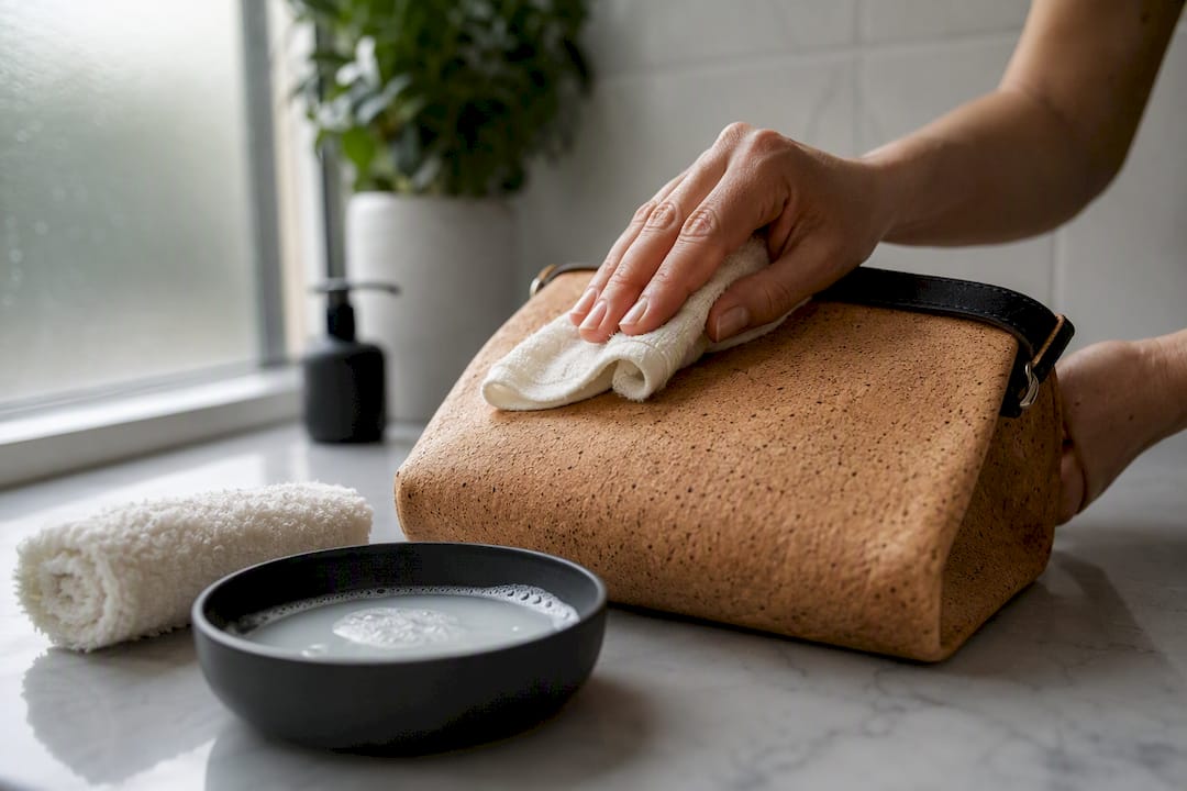 Hand gently cleaning cork handbag surface