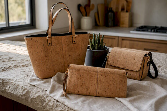 Close-up details of luxury vegan cork handbags