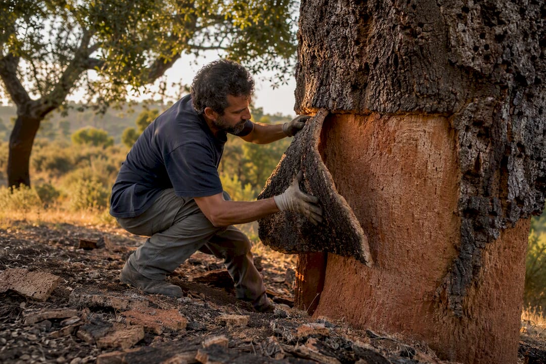 Hands harvesting cork bark from tree