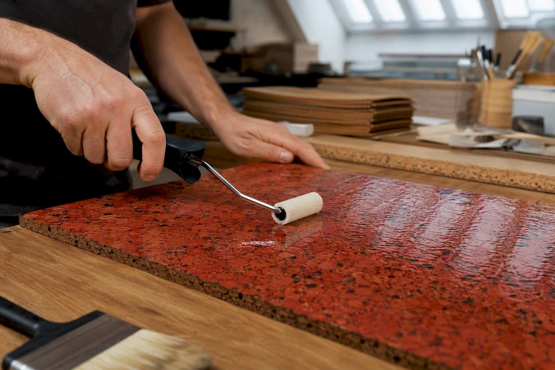 Hands applying polyurethane coating to fabric