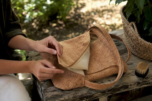 Hands inspecting cork handbag with cotton backing