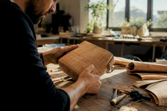 Close-up of artisan checking cork bag stitching