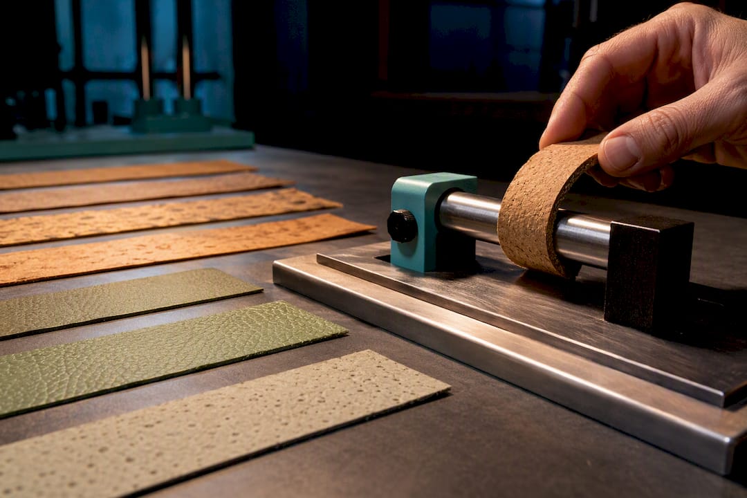 Vegan leather material strips undergoing durability testing