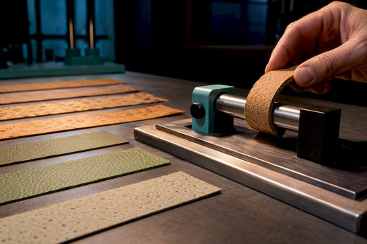 Vegan leather material strips undergoing durability testing