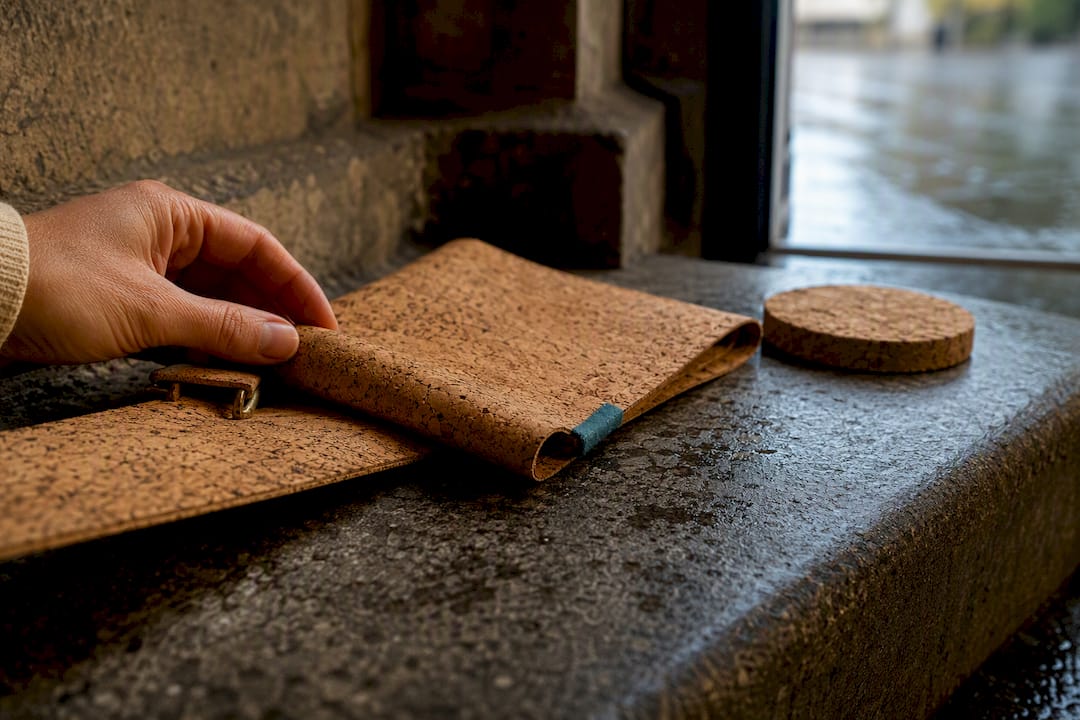 Close view of cork fabric and accessory edges