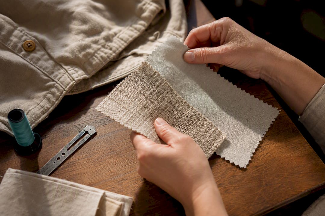 Hands inspecting sustainable clothing materials