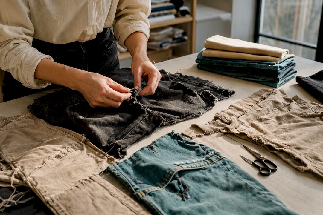 Hands deconstructing garments for upcycling