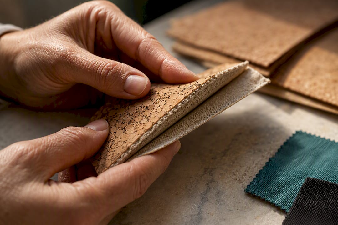 Hands inspecting layered cork material
