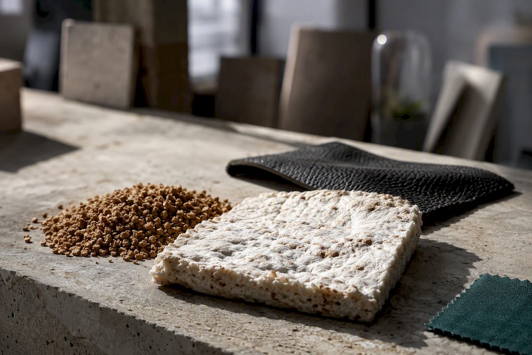 Cork mycelium and synthetic leather material samples