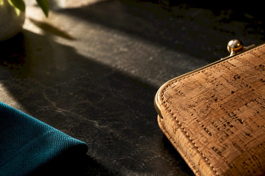 Cropped cork purse detail in dramatic light