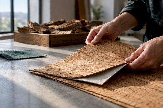 Hands inspecting layered cork fabric sheets