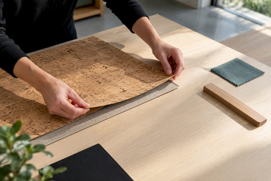 Hands aligning cork veneer with fabric backing