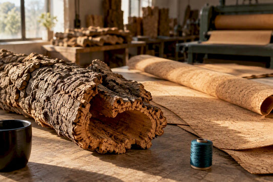 Fresh cork bark beside thin cork veneer