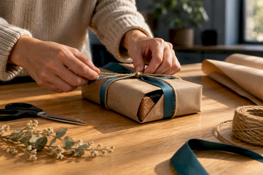 Hands wrapping a cork gift
