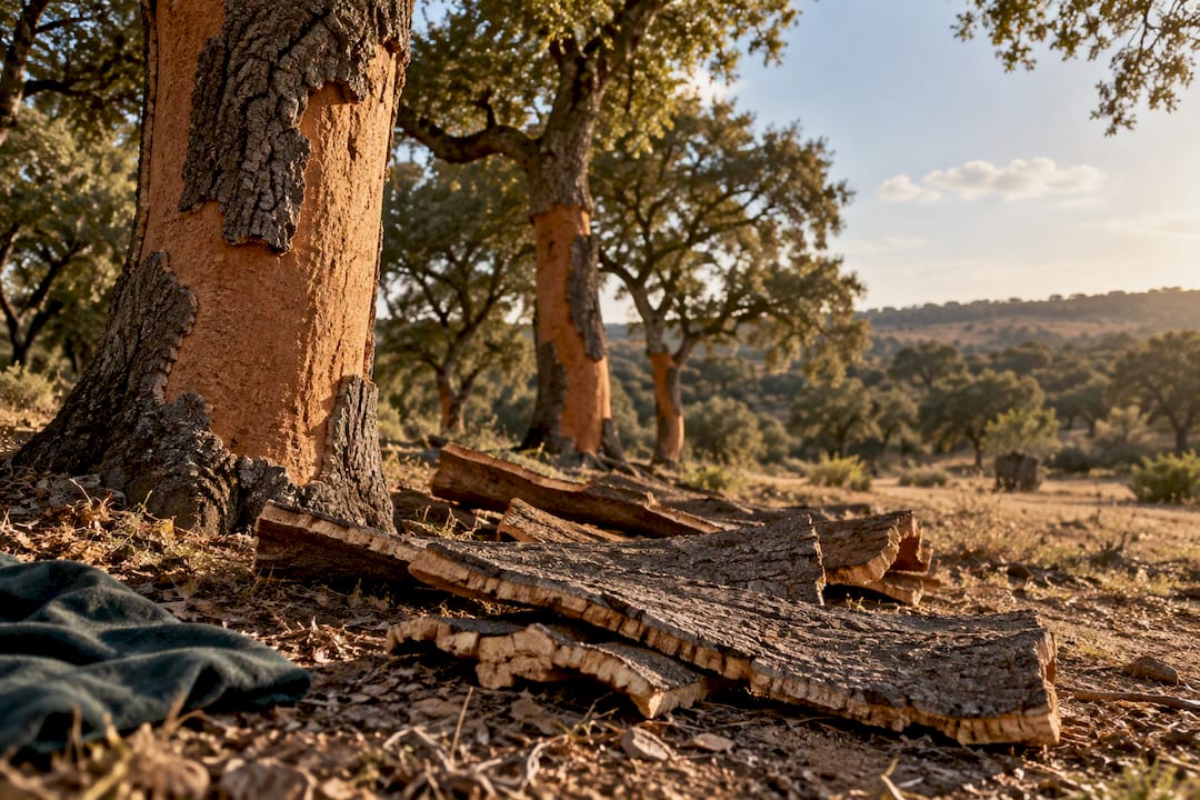 Harvested cork oak bark in Mediterranean woodland