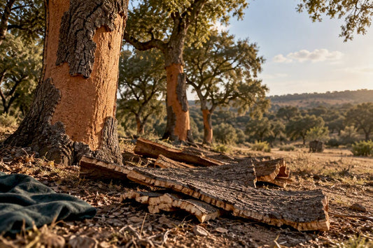Harvested cork oak bark in Mediterranean woodland